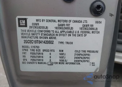 2004 Chevrolet Silverado 1500 Ls z USA, uszkodzony, nr VIN 2GCEC19T841420602